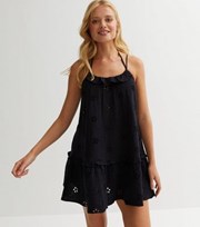 New Look Black Floral Broderie Frill Mini Beach Dress